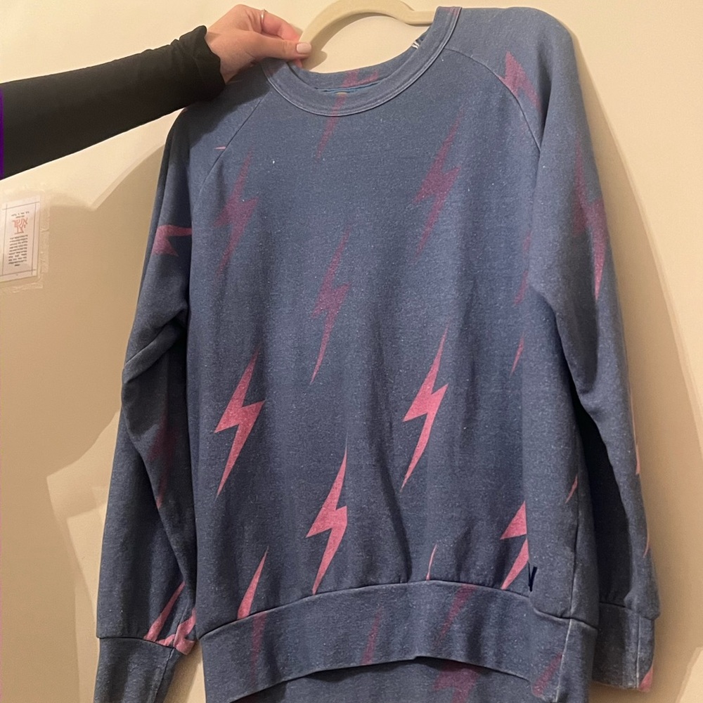 Aviator Nation Blue and Pink Crewneck Sweater with Lightning Bolts